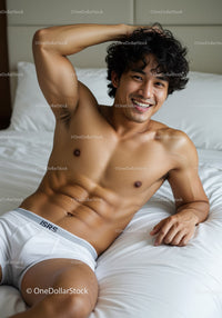 Smiling man relaxing on bed in white underwear