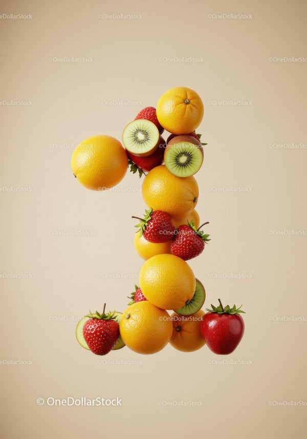 Number one shaped from fresh mixed fruits on beige