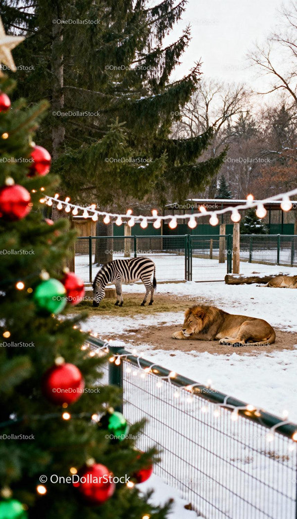 Winter zoo scene with lions and zebra near festive tree