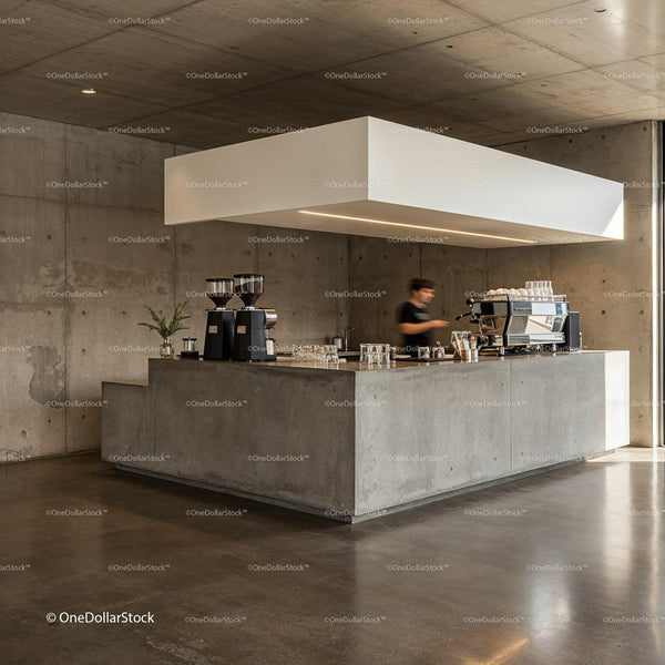Minimalist Concrete Coffee Bar with Modern Espresso Machine JPG Mockup Image