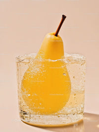 Fresh yellow pear immersed in sparkling water glass