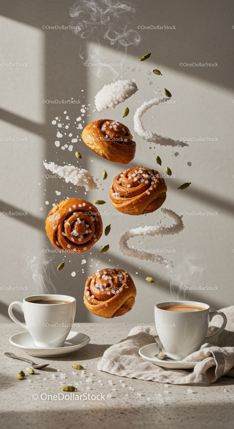 Floating Cinnamon Buns and Coffee in Cozy Morning Light