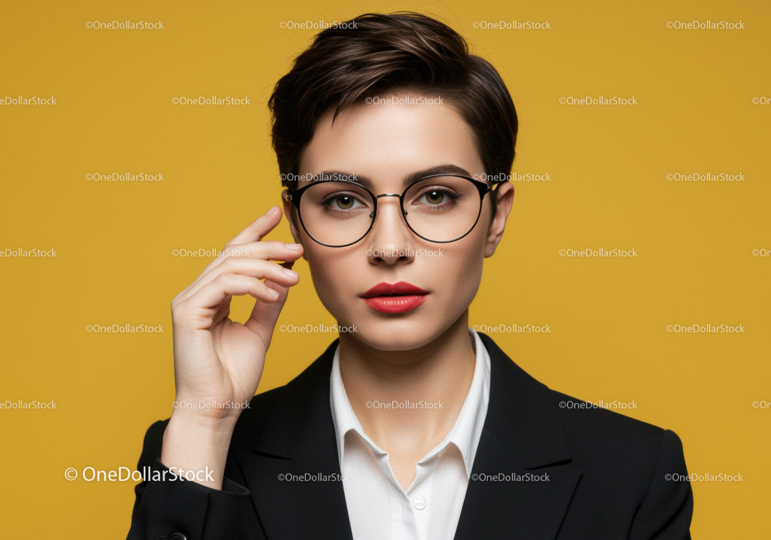 Elegant Businesswoman with Short Hair and Round Glasses on Yellow Background