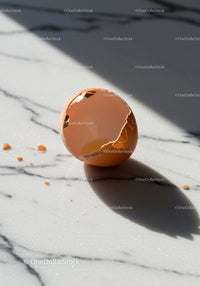 Cracked brown eggshell casting long shadow on marble surface