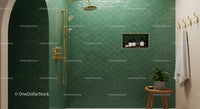 Modern bathroom shower with green scalloped tiles
