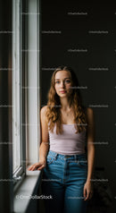 Young woman standing by window in soft natural light
