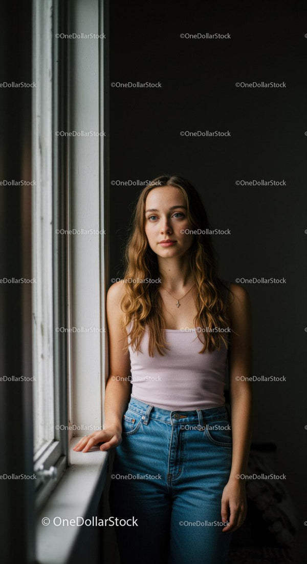 Young woman standing by window in soft natural light