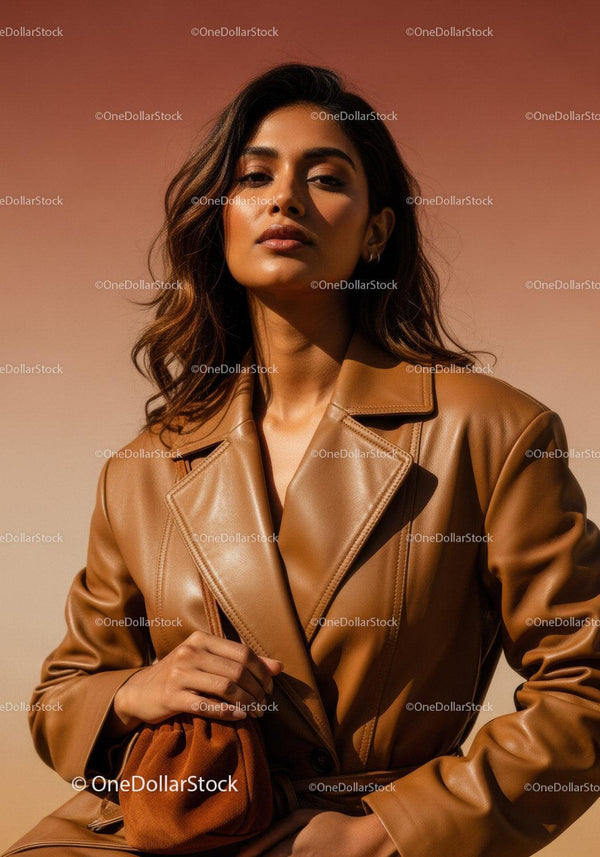 Fashion Model Wearing Leather Trench Coat in Sunset Light