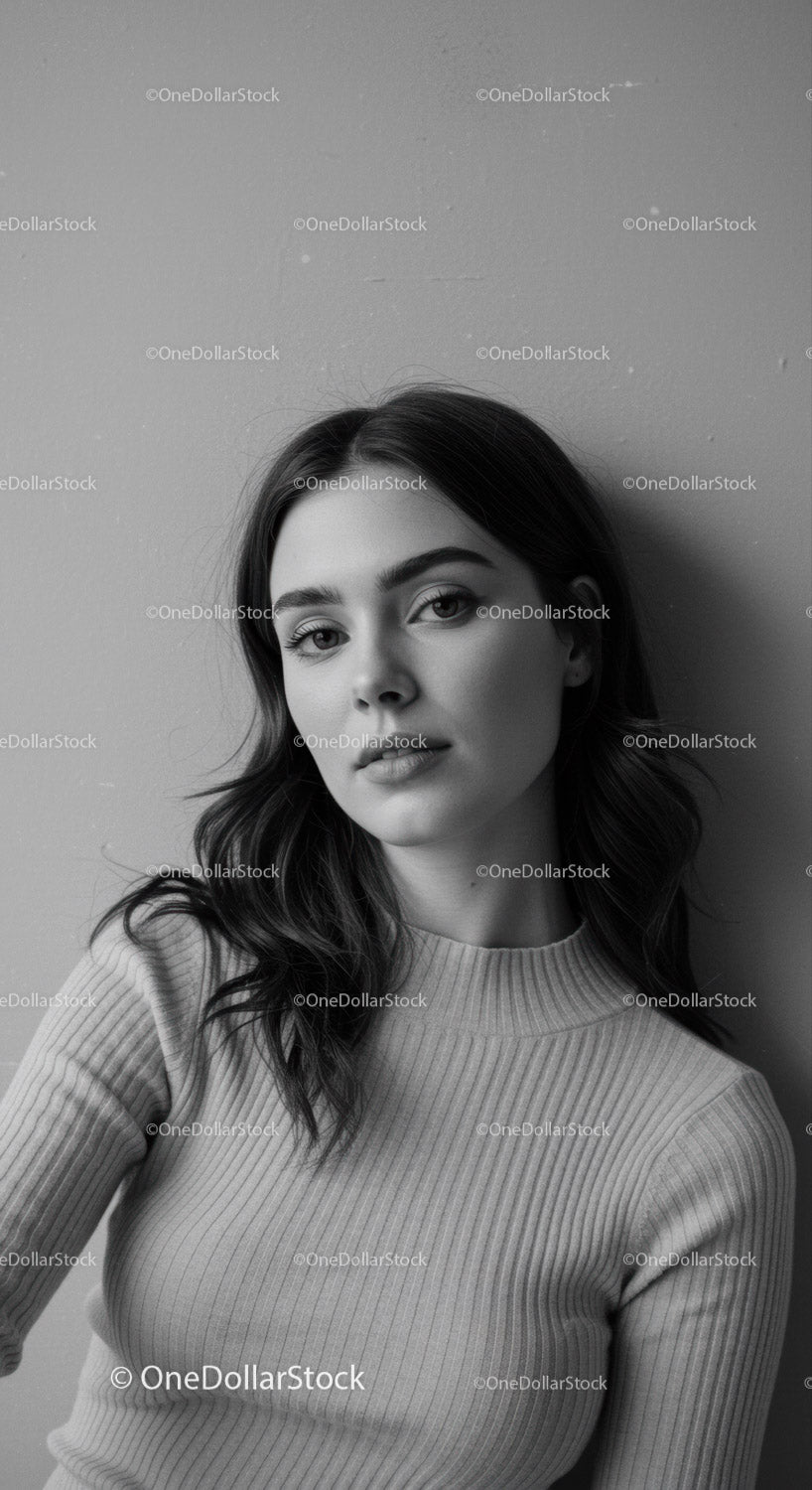 Elegant Young Woman Portrait with Casual Sweater in Black and White