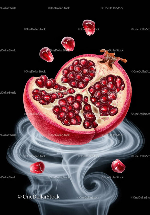 Pomegranate seeds swirling above misty vapor surface