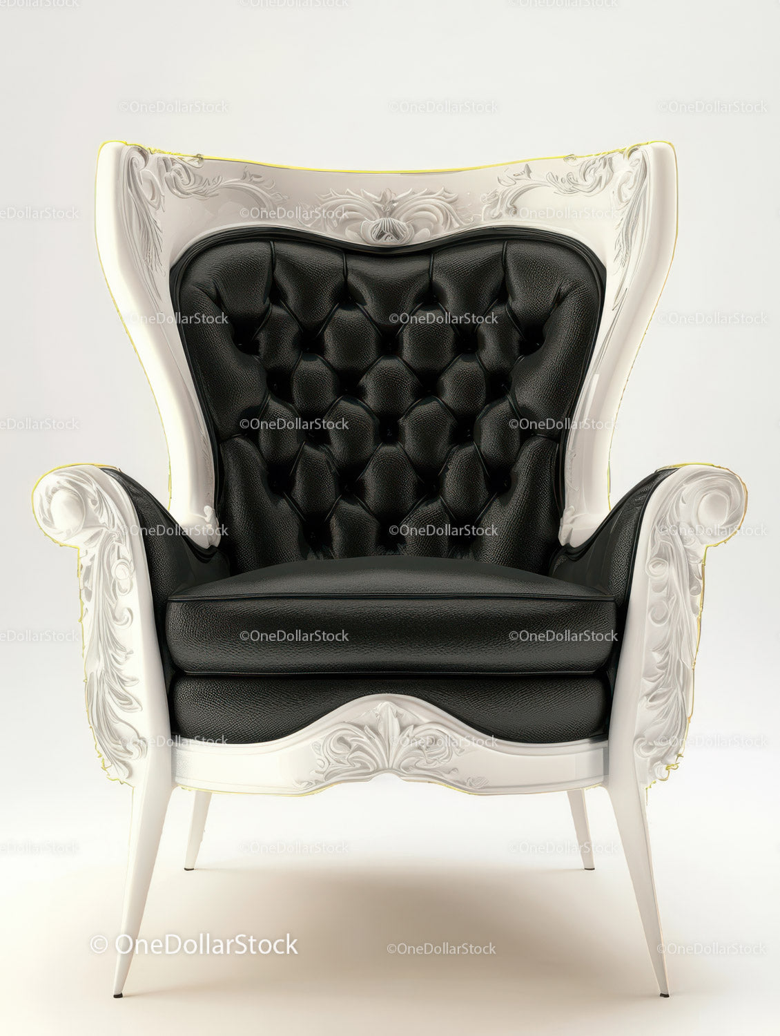 Luxury Black Leather Upholstered Armchair with Ornate White Frame