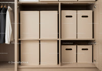 Organized Closet with Beige Storage Bins and Wooden Shelves