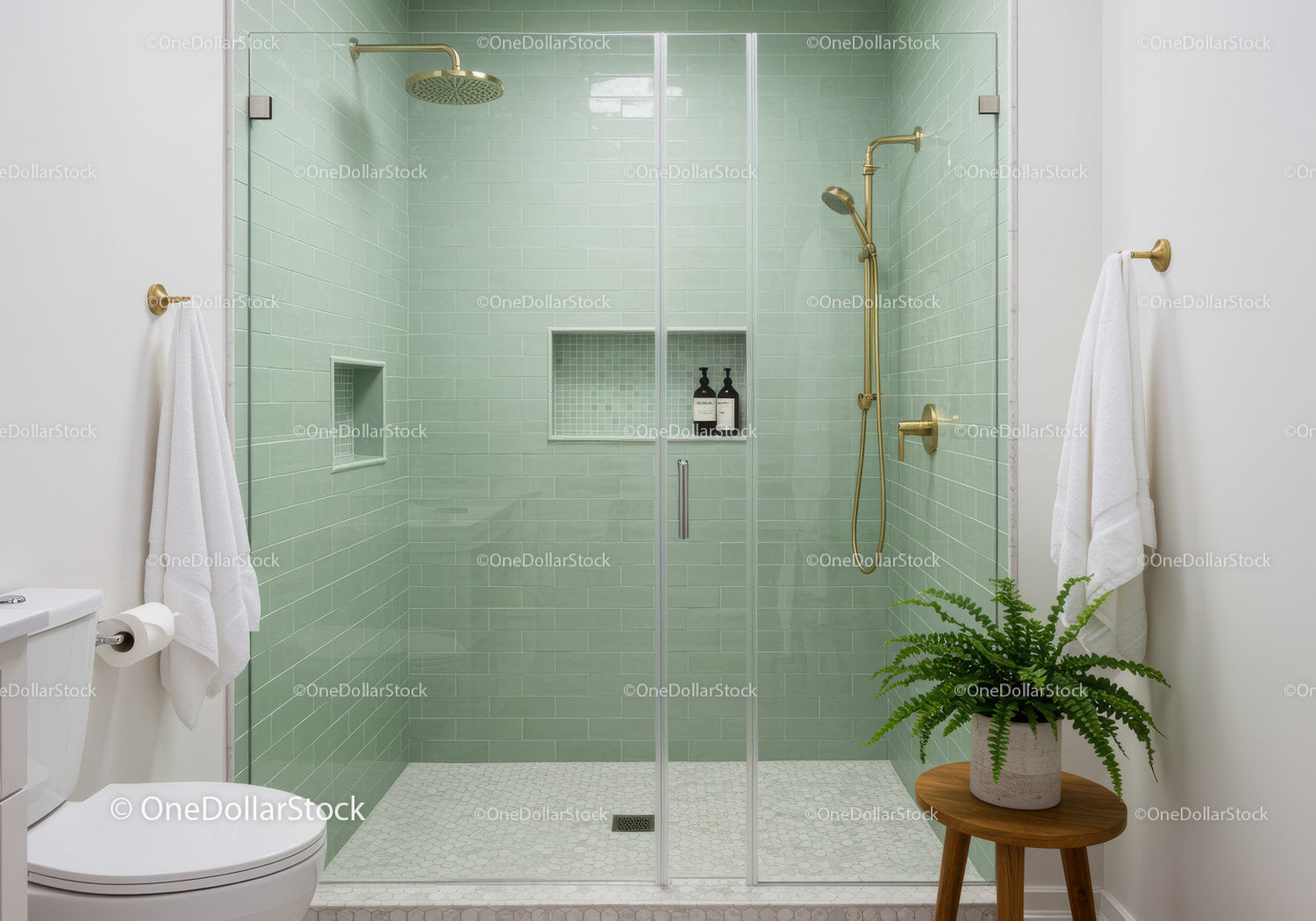 Modern bathroom with green tile walk in shower