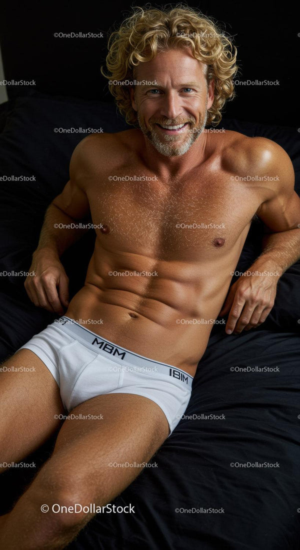 Relaxed muscular man in white underwear lying on bed