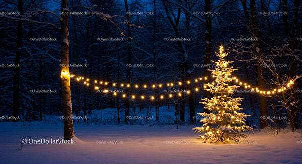 Snowy Christmas tree glowing with warm lights in forest