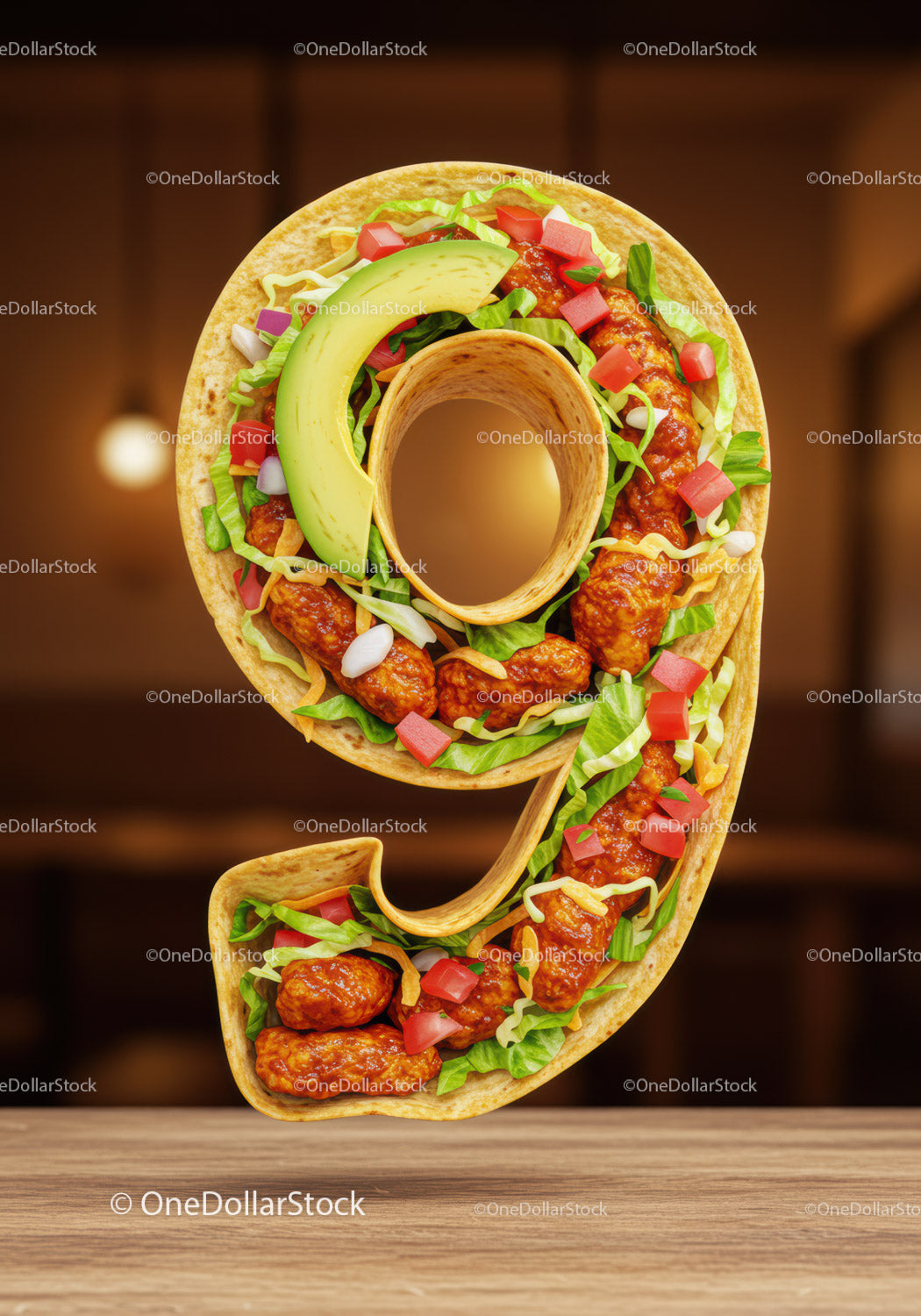 Taco w kształcie cyfry dziewięć ze świeżymi składnikami
