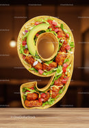 Taco shaped as number nine with fresh ingredients