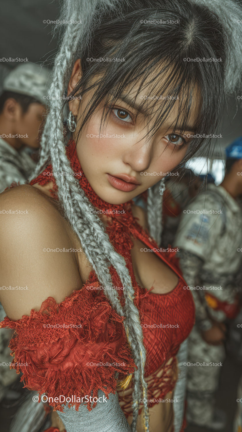 Vibrant Young Woman in Tribal-Inspired Red Costume with Braided Hairstyle