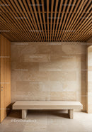 Modern Minimalist Interior with Beige Stone Wall and Concrete Bench