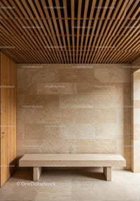 Modern Minimalist Interior with Beige Stone Wall and Concrete Bench