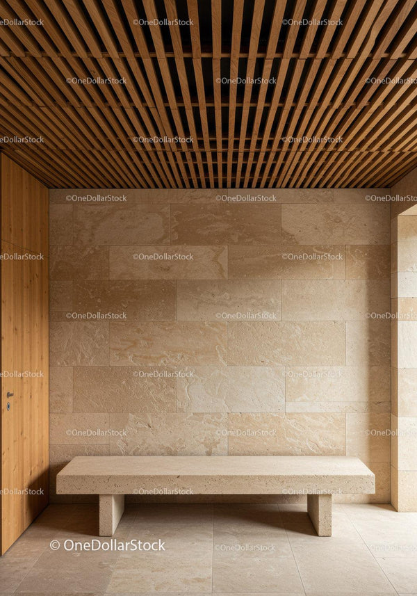 Modern Minimalist Interior with Beige Stone Wall and Concrete Bench