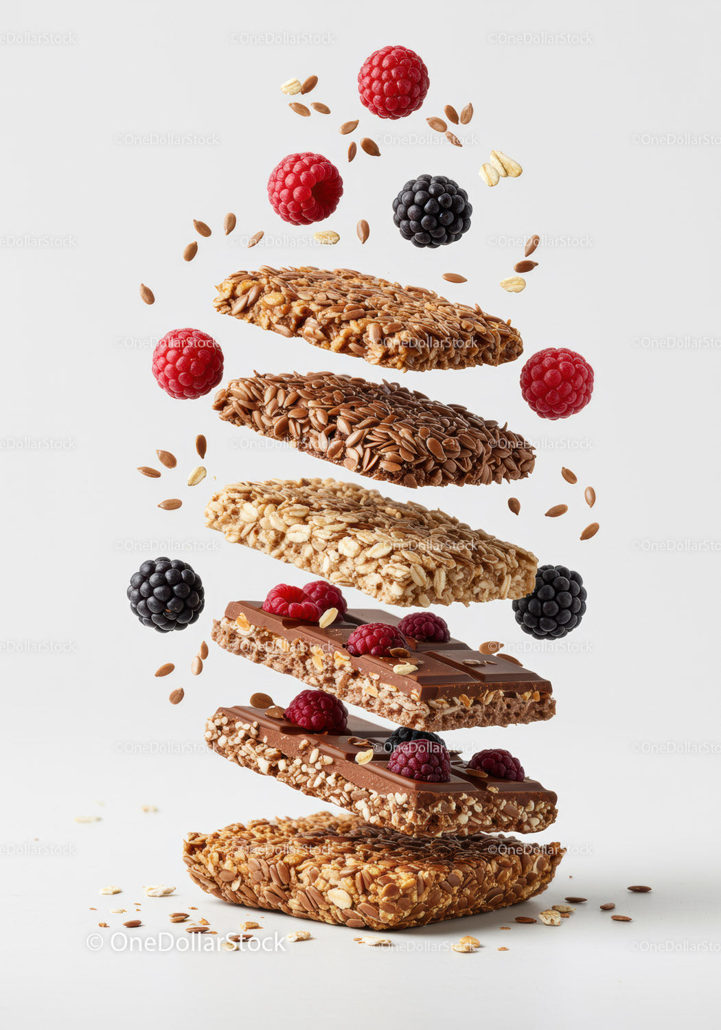 Stack of granola bars with chocolate and fresh berries