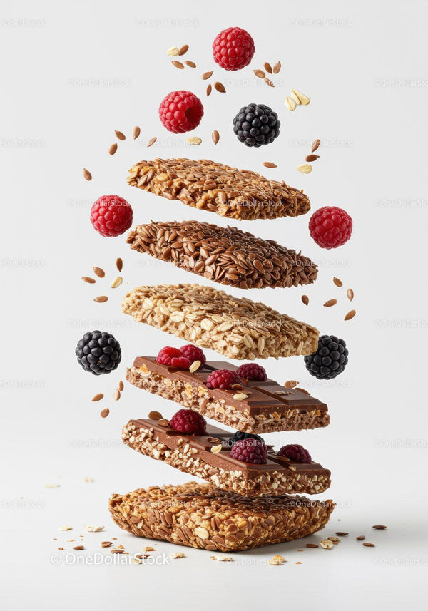 Stack of granola bars with chocolate and fresh berries
