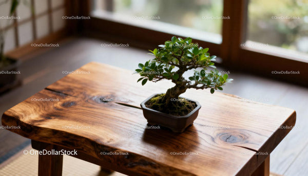 Małe drzewko bonsai na rustykalnym drewnianym stole przy oknie