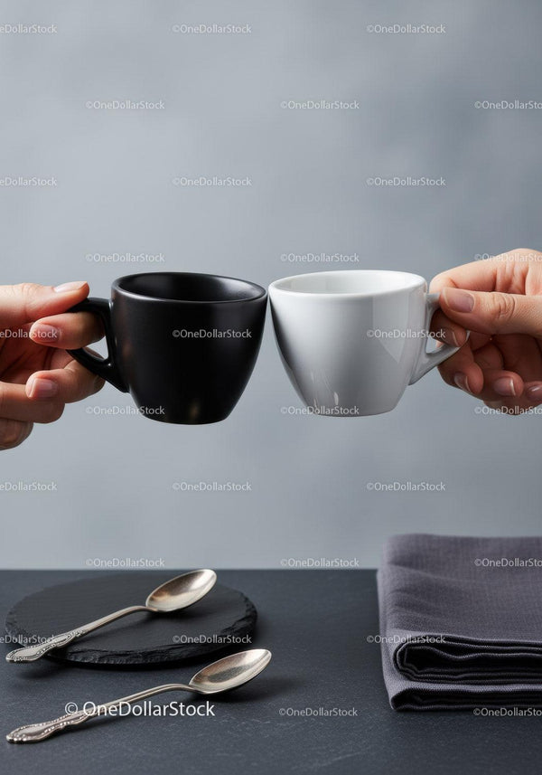Stylish Black and White Ceramic Coffee Mugs Clinking in Modern Kitchen
