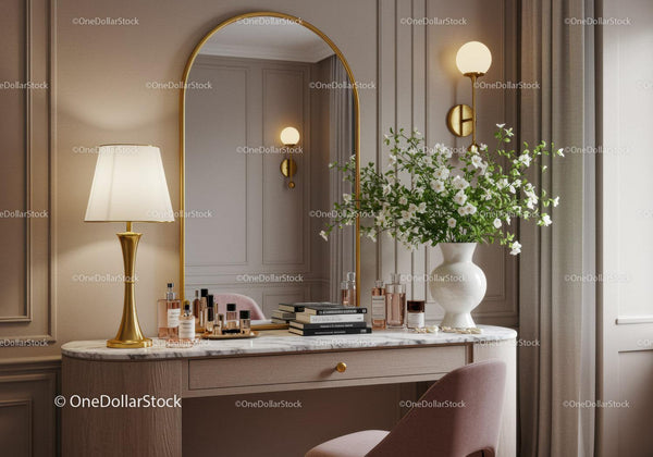Elegant makeup vanity with floral decor and golden accents