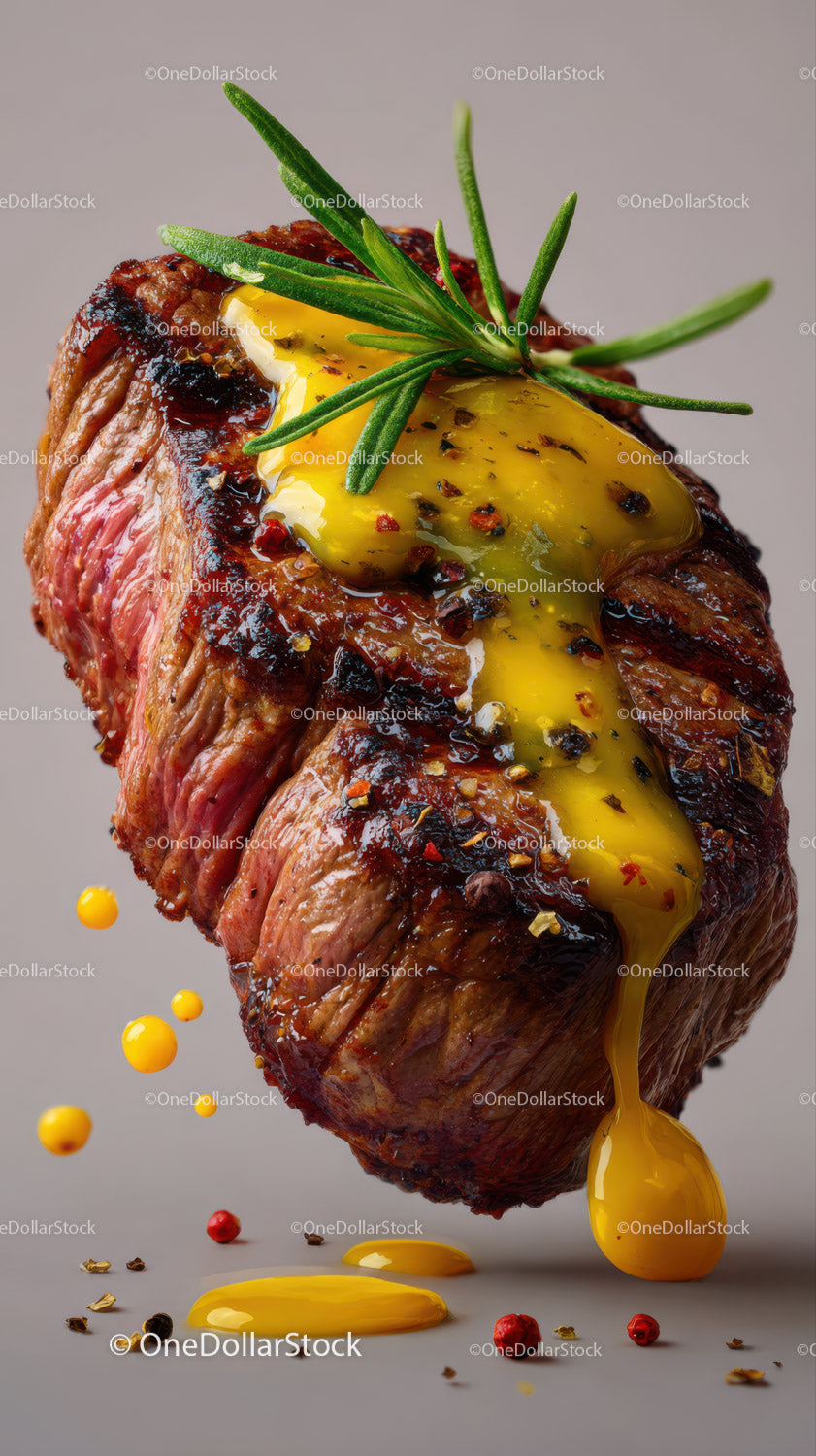 Juicy Grilled Steak with Mustard Sauce and Herb Garnish