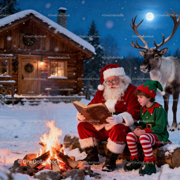 Santa Claus Reading to Elf by Winter Campfire