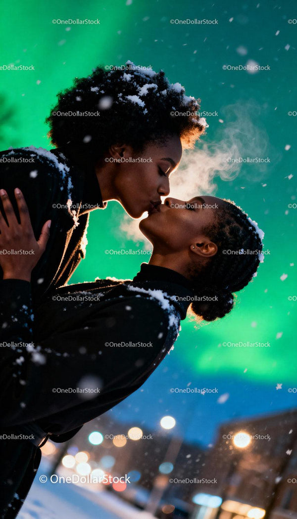 Loving couple sharing a kiss under northern lights