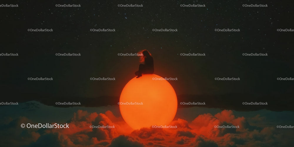 Surreal Scene of Person Sitting on a Bright Orange Moon in Space