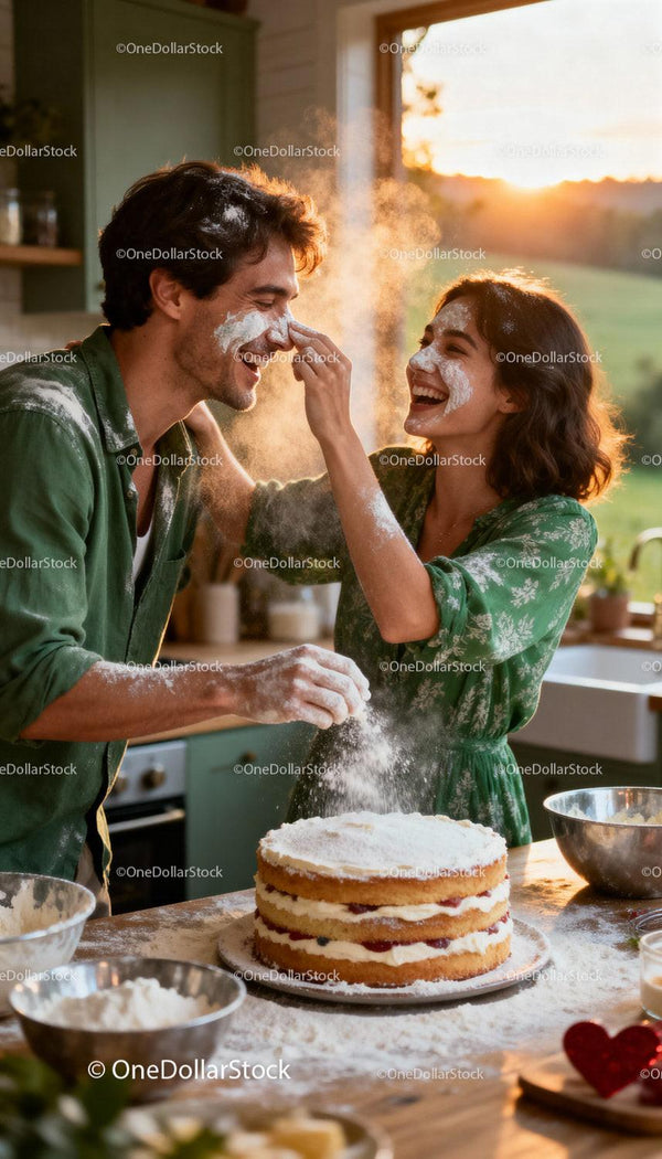 Couple playfully baking cake together in warm kitchen