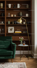 Cozy living room corner with velvet armchair and wooden shelves