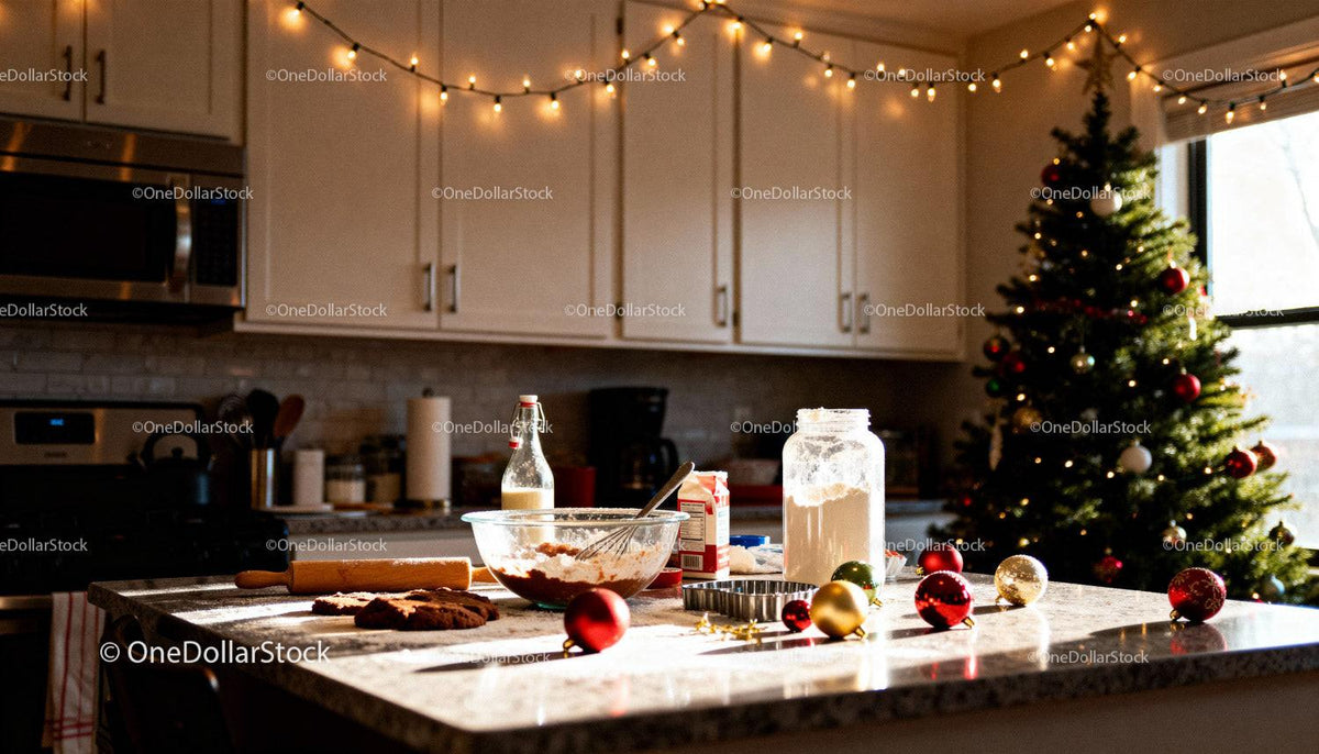 Cozy kitchen with Christmas baking preparations and decorations
