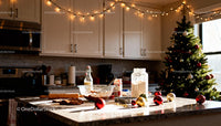 Cozy kitchen with Christmas baking preparations and decorations