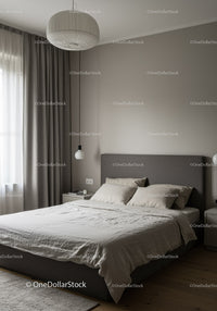 Elegant Modern Bedroom with Gray Upholstered Headboard and Soft Lighting