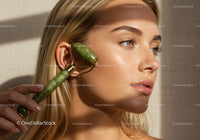 Elegant Woman Using Jade Facial Roller for Skincare Relaxation