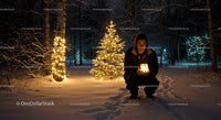 Person Holding Candle in Snowy Forest with Holiday Lights