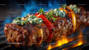 Juicy Grilled Meat Skewers with Charred Edges on Open Flame