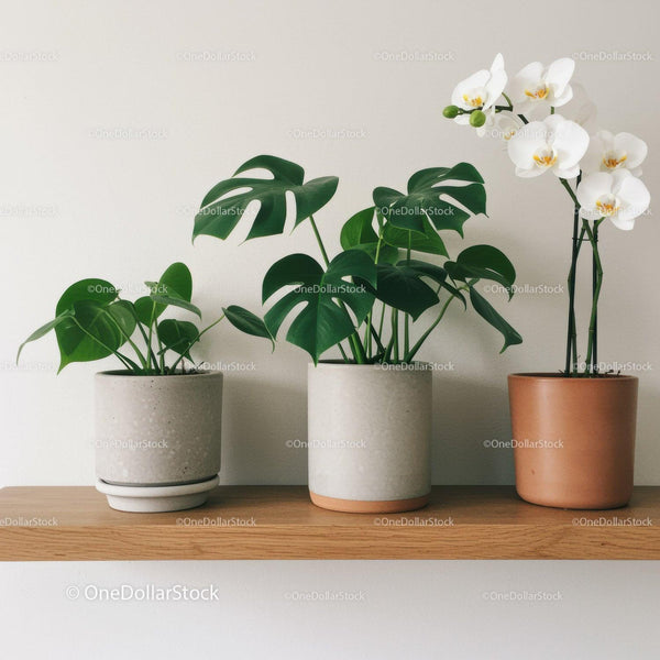 Leafy Monstera and White Orchid in Modern Potted Plant Arrangement