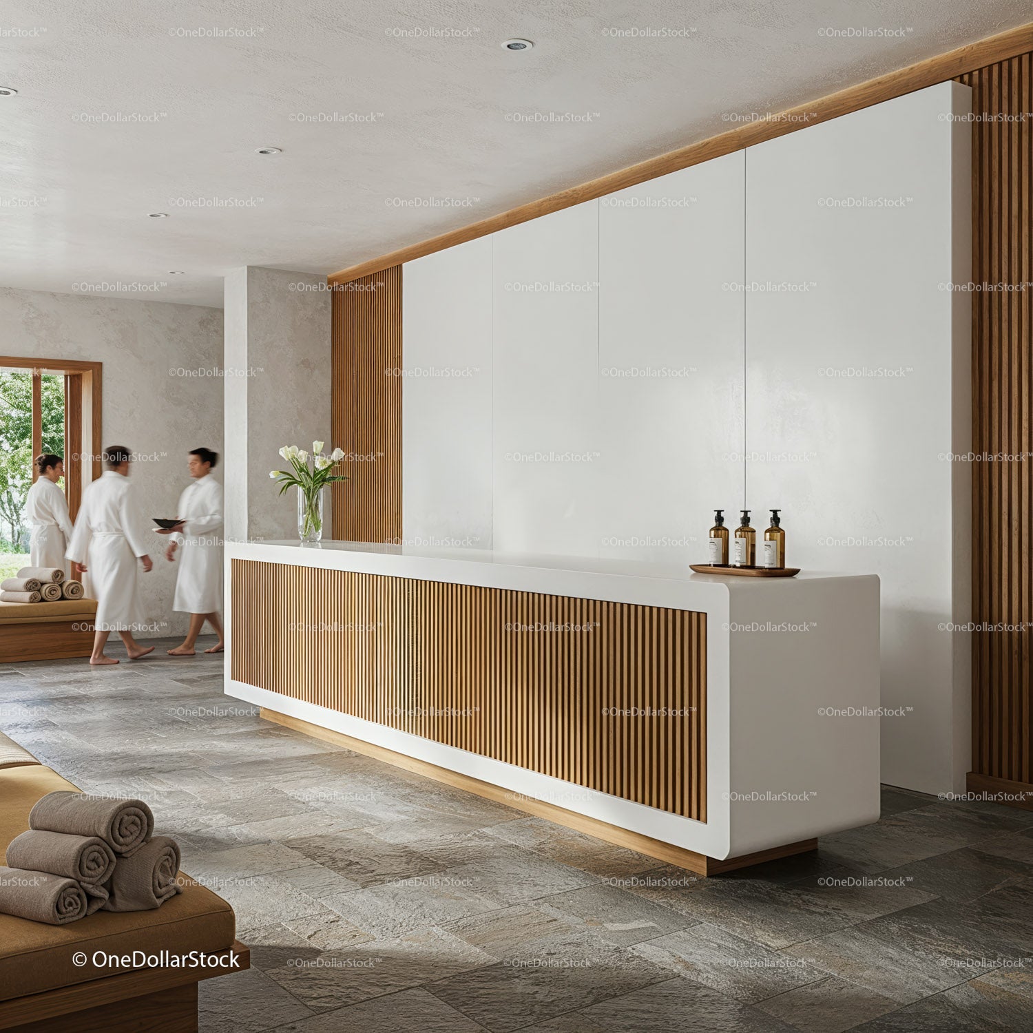 Modern spa reception area with natural wood accents