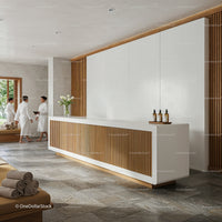 Modern spa reception area with natural wood accents