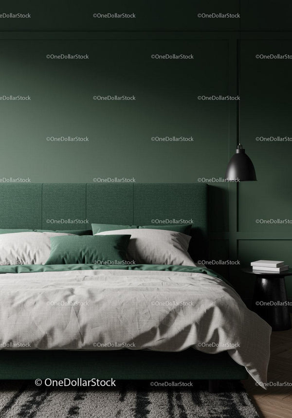 Elegant Green Bedroom with Cozy Bed and Modern Lighting