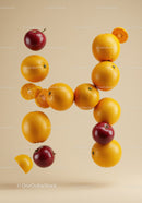 Fresh apples and oranges floating on beige background