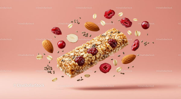 Healthy granola bar with nuts and berries floating