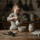 Young girl pouring water into a mixing bowl in rustic kitchen