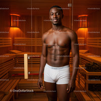 Male Model in Sauna with Wooden Interior for Wellness and Relaxation